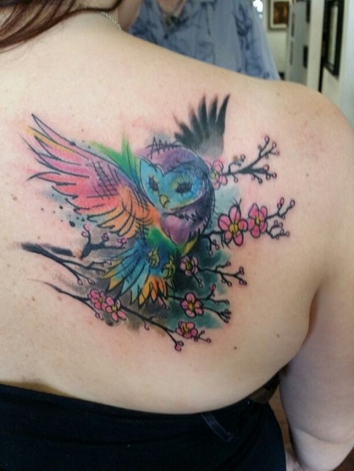 Watercolor Flying Owl Tattoo On Girl Right Back Shoulder