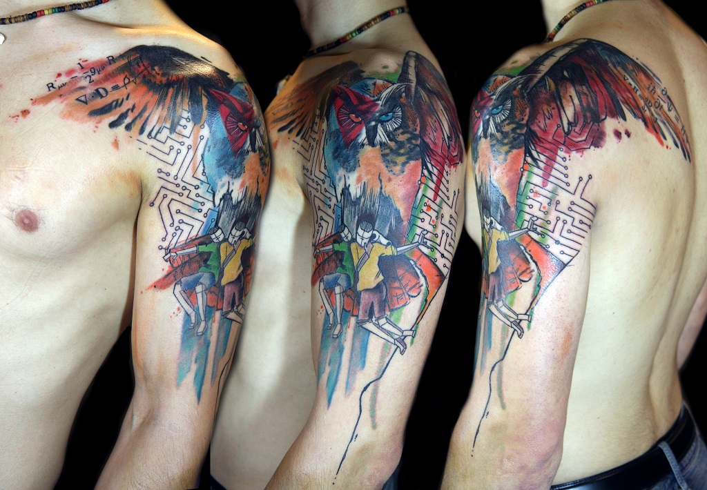 Watercolor Flying Owl Tattoo On Man Left Shoulder