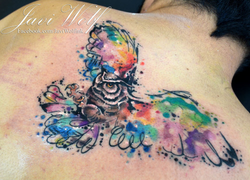 Watercolor Flying Owl Tattoo On Upper Back