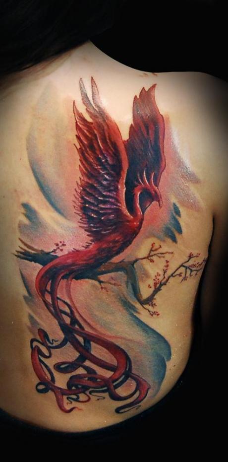 Watercolor Flying Phoenix Tattoo Design For Back