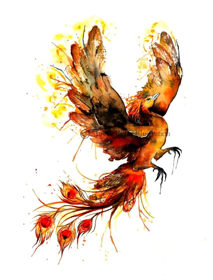 Watercolor Flying Phoenix Tattoo Design