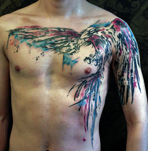 Watercolor Flying Phoenix Tattoo On Man Chest