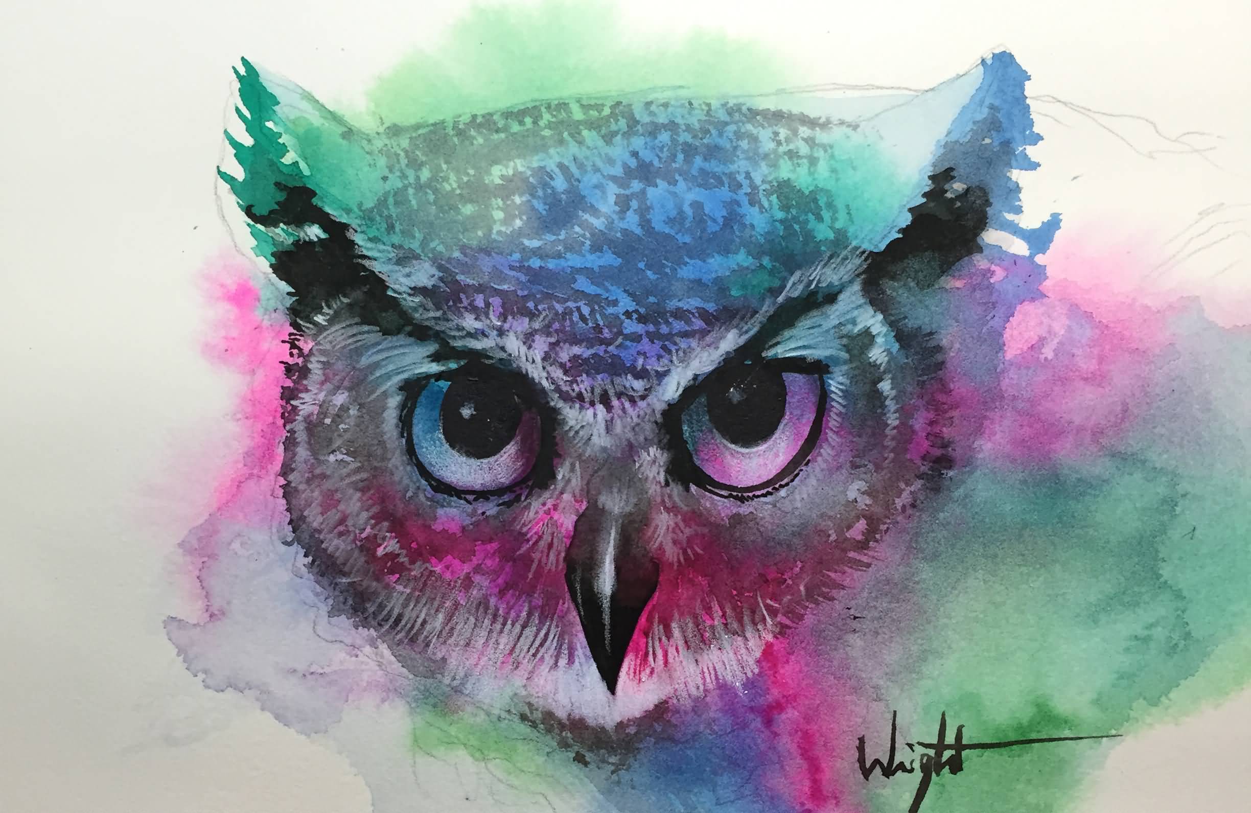 Watercolor Owl Head Tattoo Design