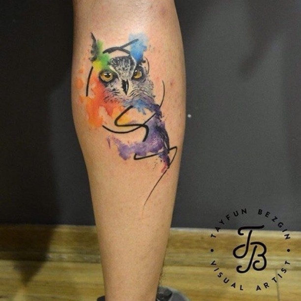 Watercolor Owl Head Tattoo On Leg Calf