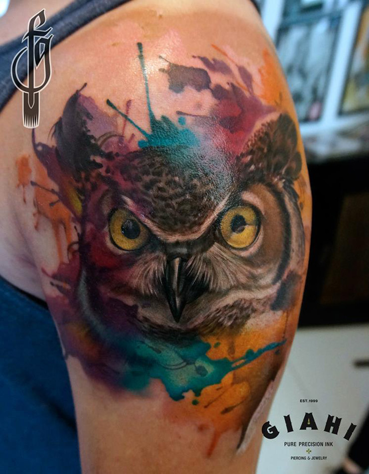 Watercolor Owl Head Tattoo On Man Left Shoulder