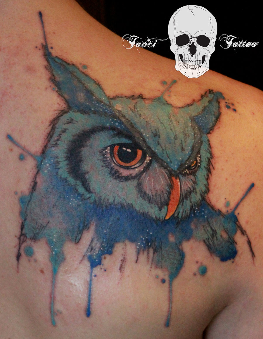 Watercolor Owl Head Tattoo On Right Back Shoulder By Simona Borstnar