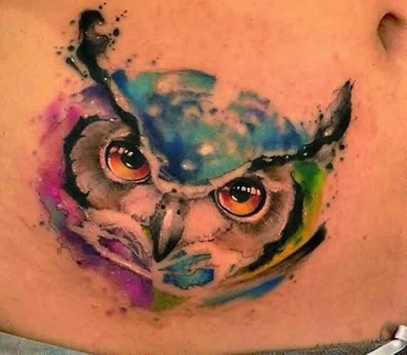 Watercolor Owl Head Tattoo On Stomach