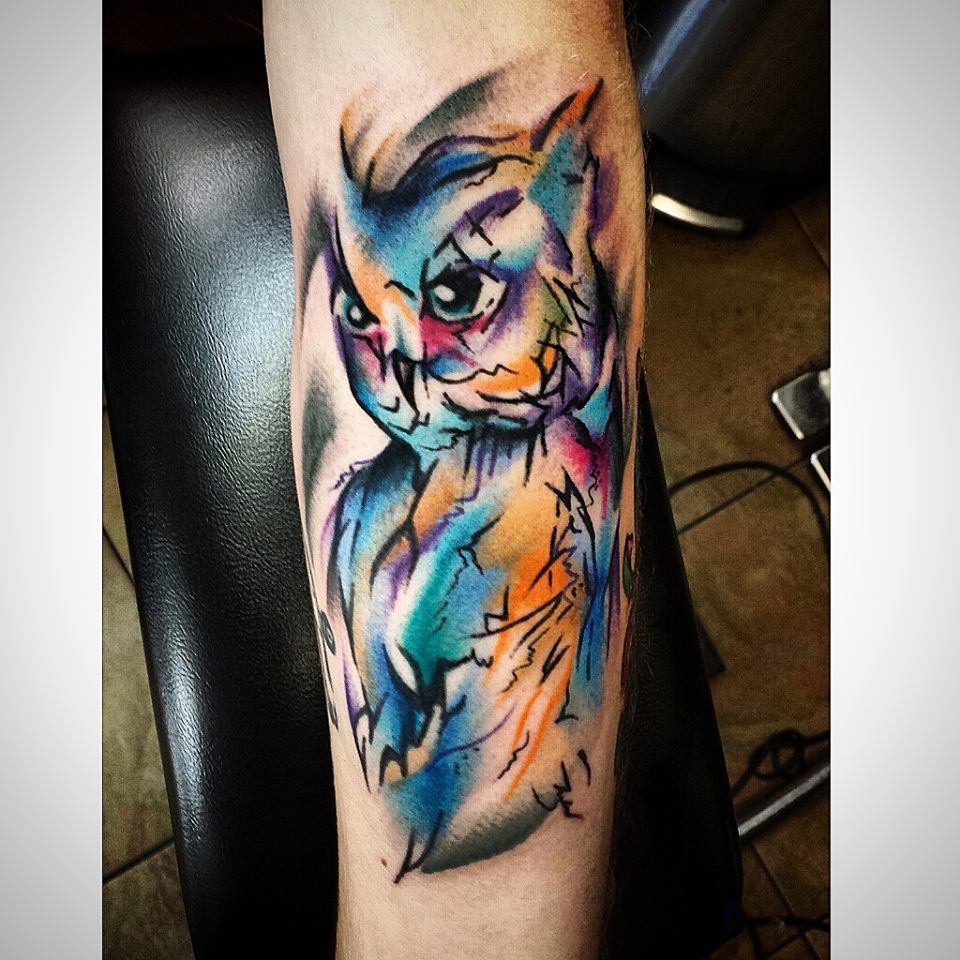 Watercolor Owl Tattoo On Forearm