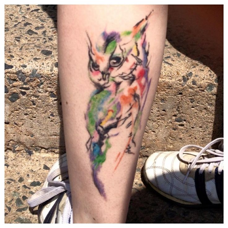Watercolor Owl Tattoo On Left Leg Calf