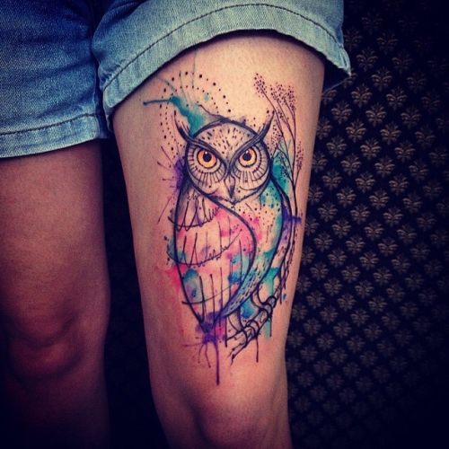 Watercolor Owl Tattoo On Left Thigh