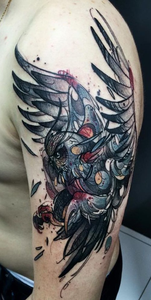 Watercolor Owl Tattoo On Man Left Half Sleeve