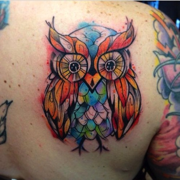 Watercolor Owl Tattoo On Man Right Back Shoulder