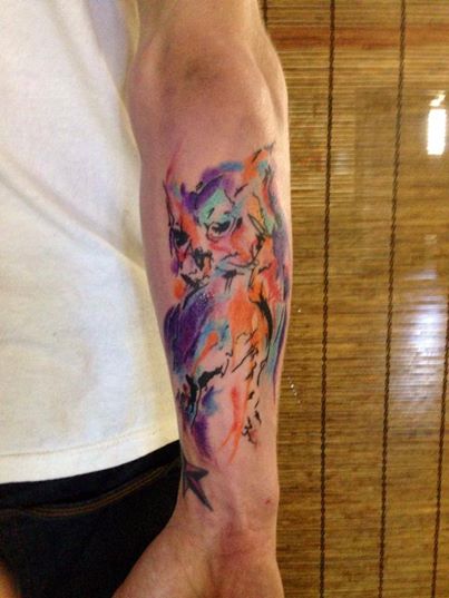 Watercolor Owl Tattoo On Man Right Forearm