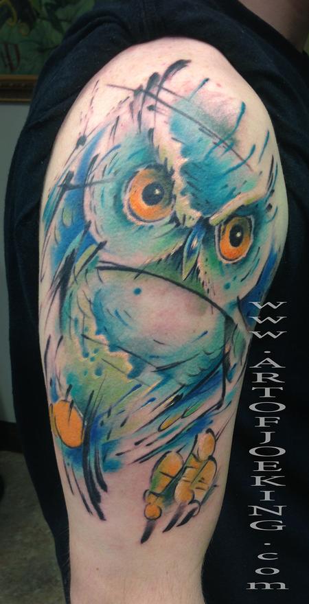 Watercolor Owl Tattoo On Man Right Half Sleeve