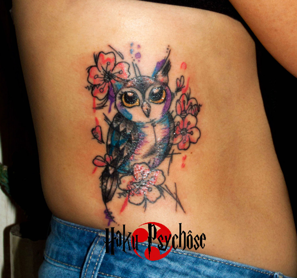 Watercolor Owl With Flowers Tattoo On Girl Right Side Rib By Haku  Psychose
