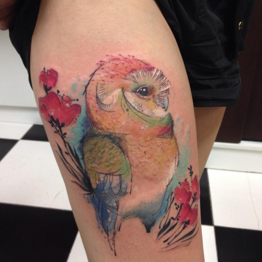Watercolor Owl With Flowers Tattoo On Girl Right Thigh