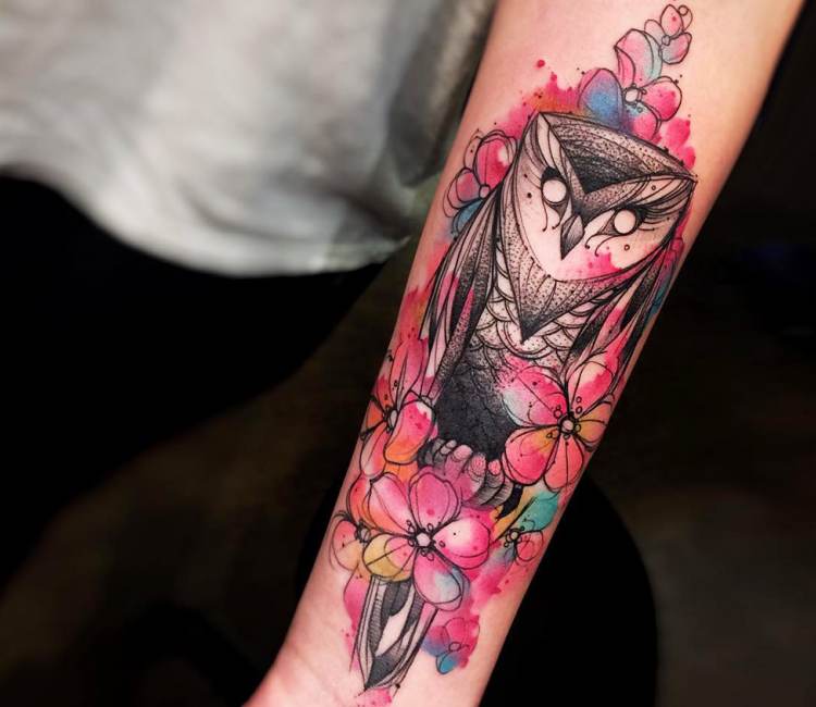Watercolor Owl With Flowers Tattoo On Left Forearm By Felipe Rodrigues