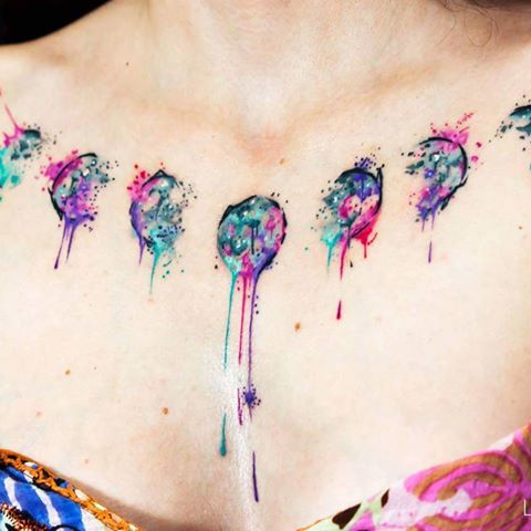 Watercolor Phases Of The Moon Tattoo On Collarbone