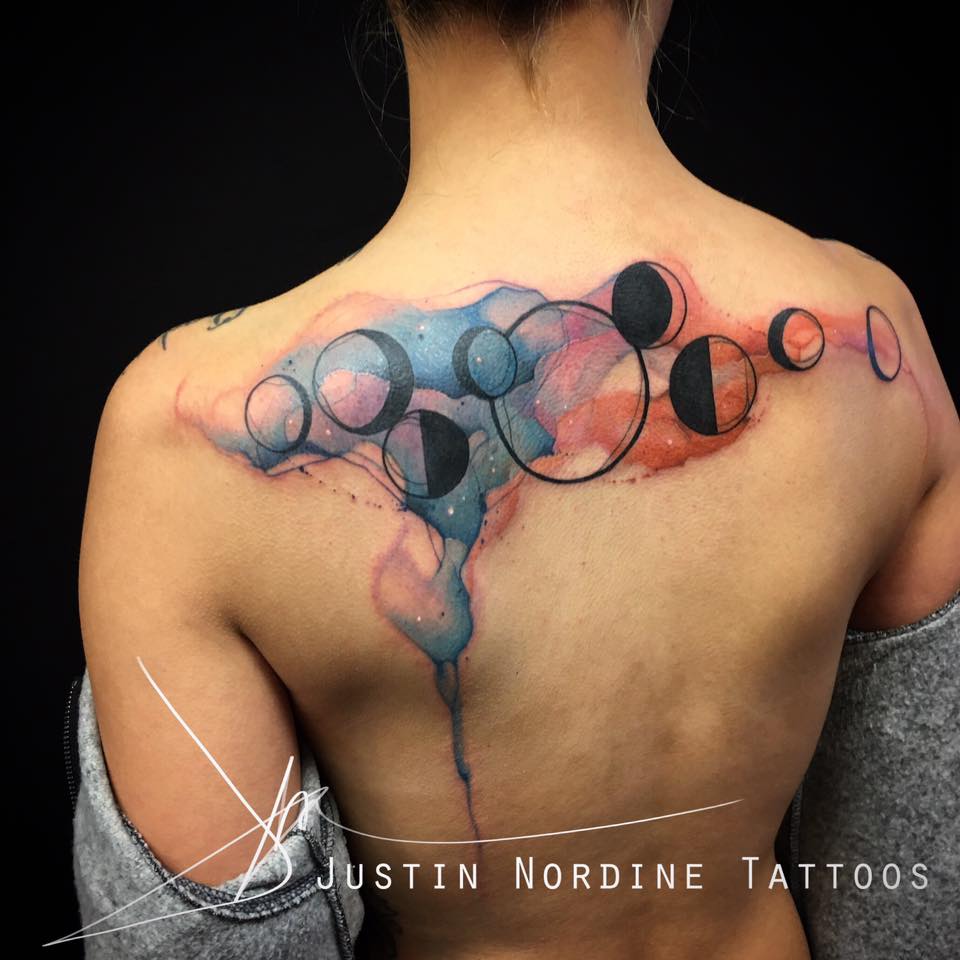 Watercolor Phases Of The Moon Tattoo On Upper Back