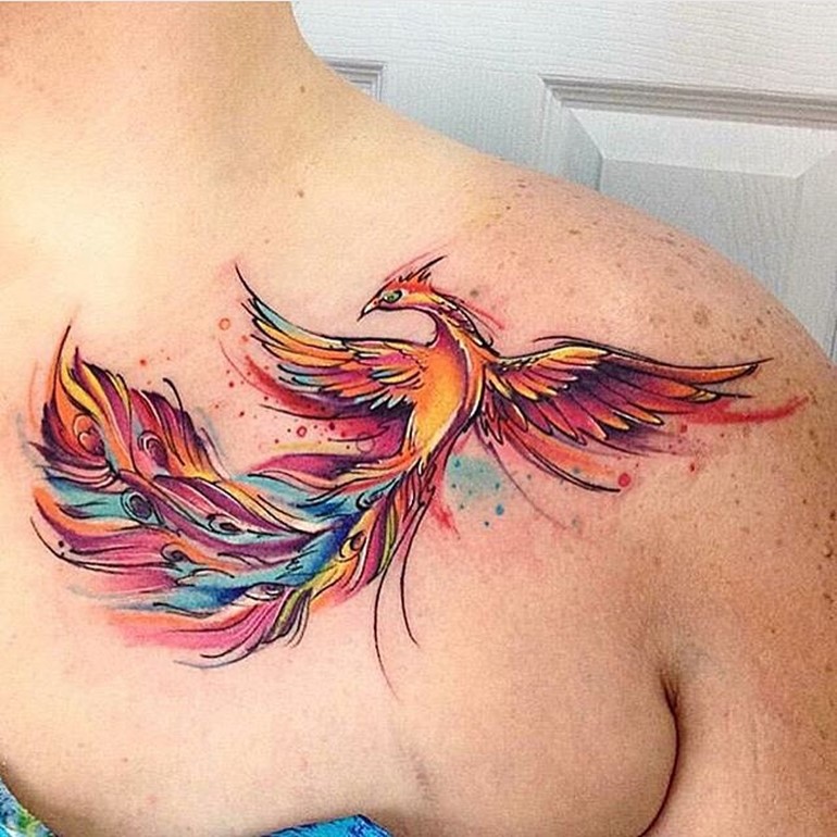 Watercolor Phoenix Tattoo On Girl Left Front Shoulder