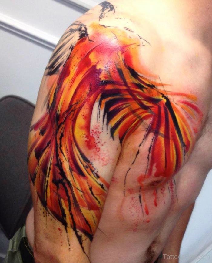 Watercolor Phoenix Tattoo On Right Half Sleeve