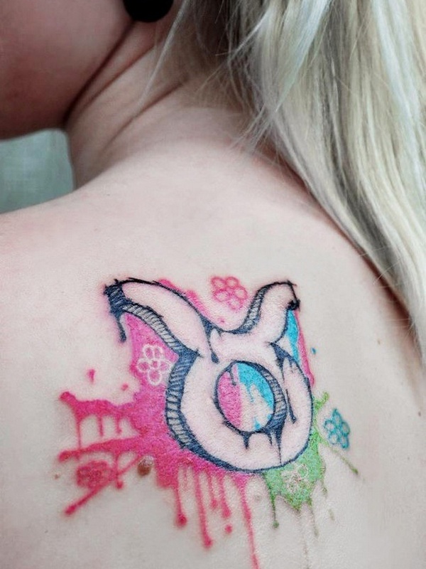 Watercolor Taurus Zodiac Sign Tattoo On Girl Left Back Shoulder