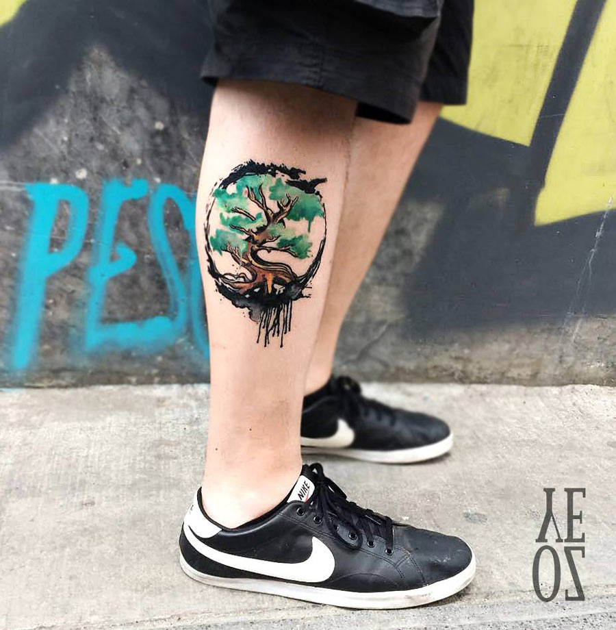 Watercolor Tree Of Life Tattoo On Right Leg