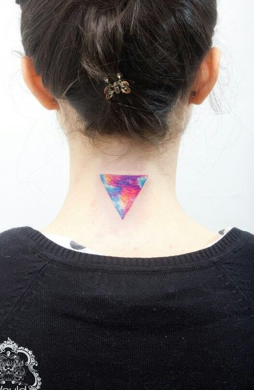 Watercolor Triangle Tattoo On Girl Back Neck