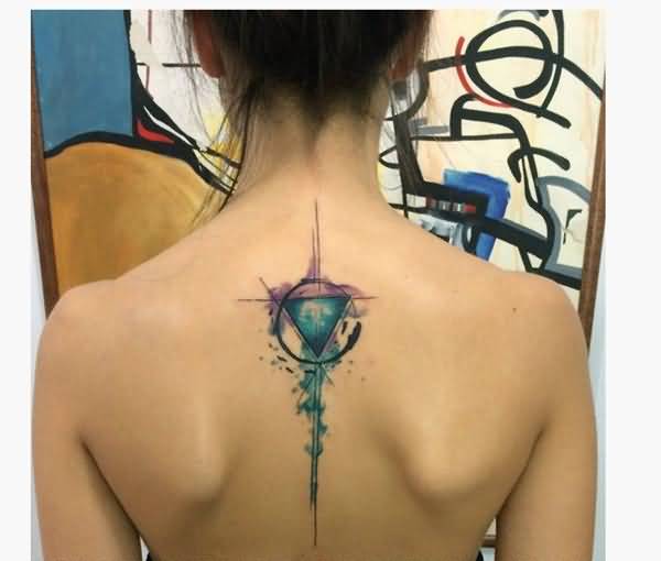 Watercolor Upside Down Triangle In Circle Tattoo On Girl Upper Back