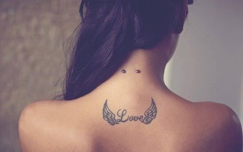 Winged Love Tattoo And Neck Piercing