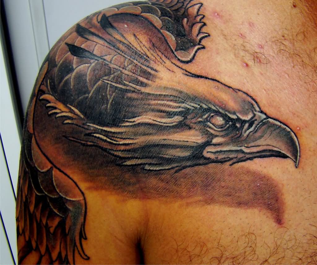 Wonderful Black Ink Phoenix Tattoo On Man Right Shoulder