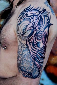 Wonderful Black Tribal Phoenix Tattoo On Man Left Half Sleeve