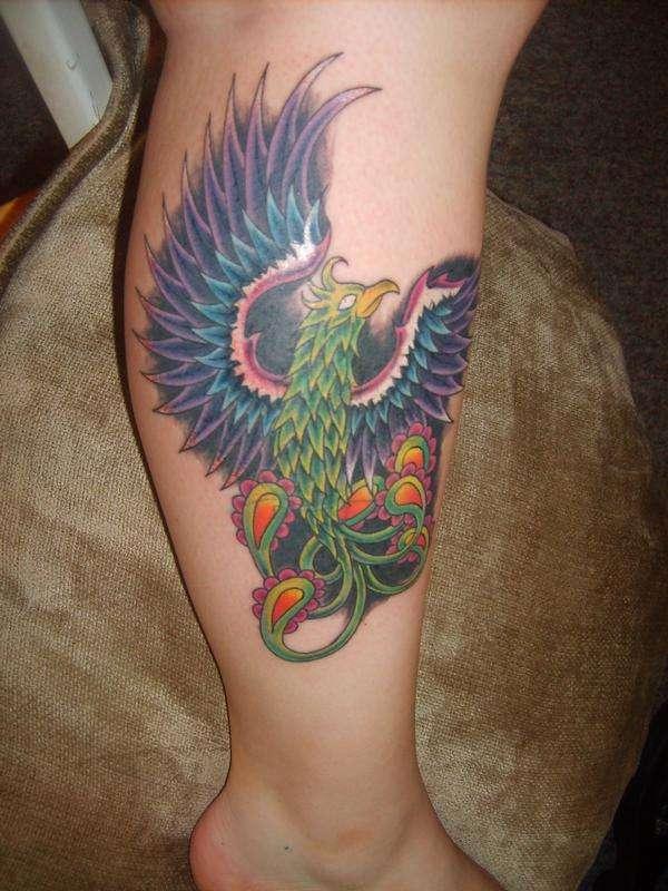 Wonderful Colorful Phoenix Tattoo On Right Leg