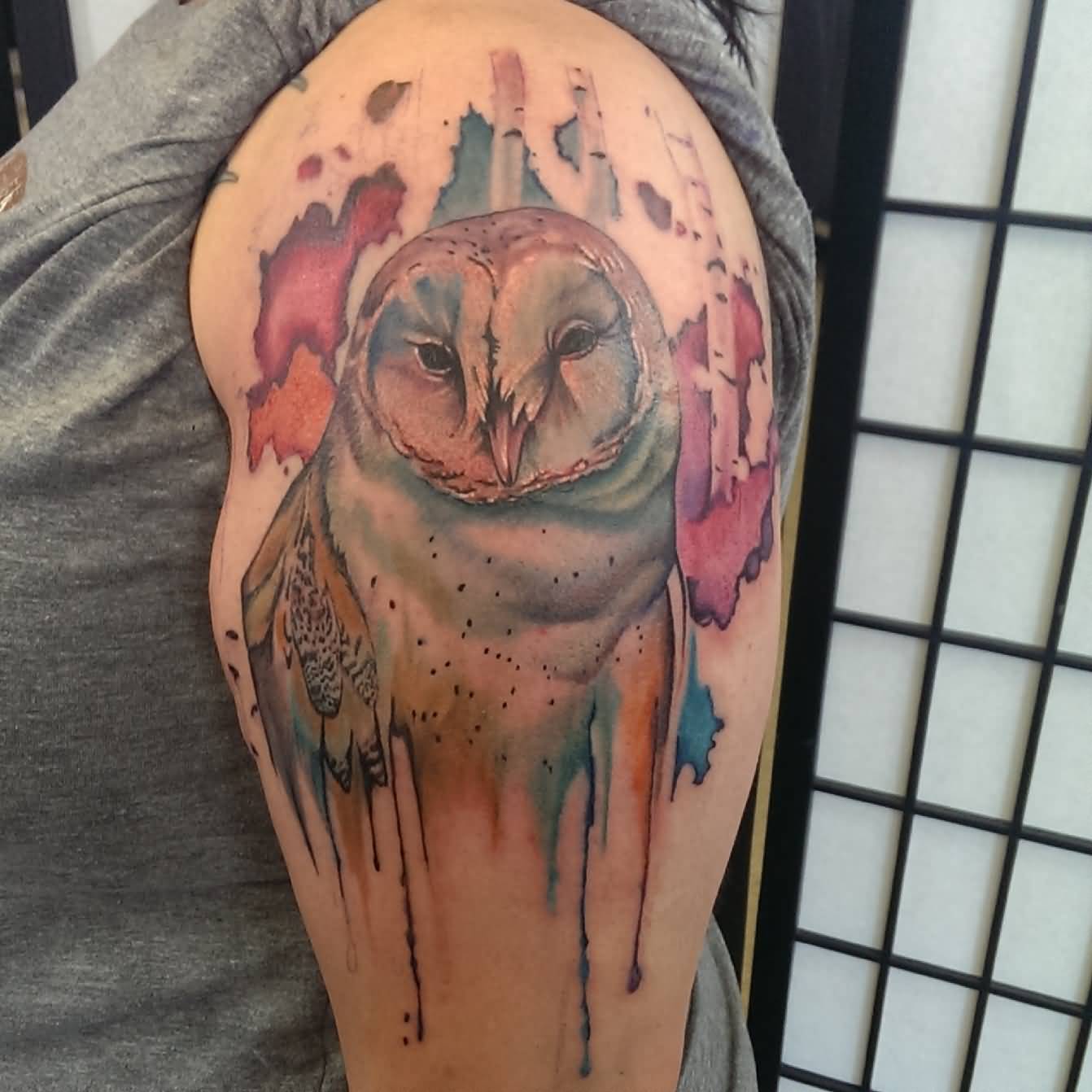 Wonderful Watercolor Owl Tattoo On Girl Left Shoulder
