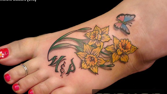 Yellow Flowers And Butterfly Foot Tattoo