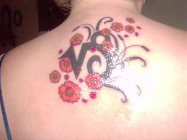 Zodiac Sign With Flowers Tattoo On Upper Back