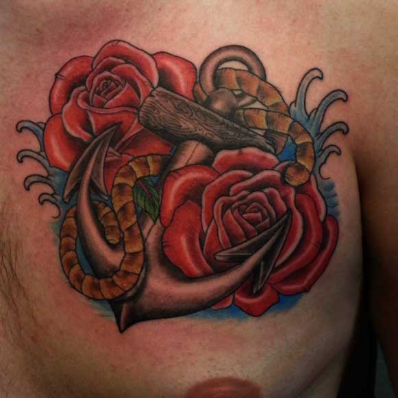 3D Anchor With Roses Tattoo On Man Left Chest