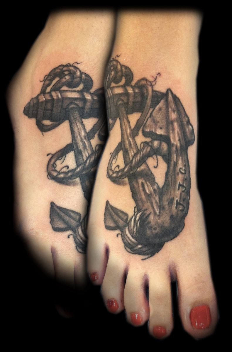 3D Black Ink Anchor With Rope Tattoo On Girl Right Foot