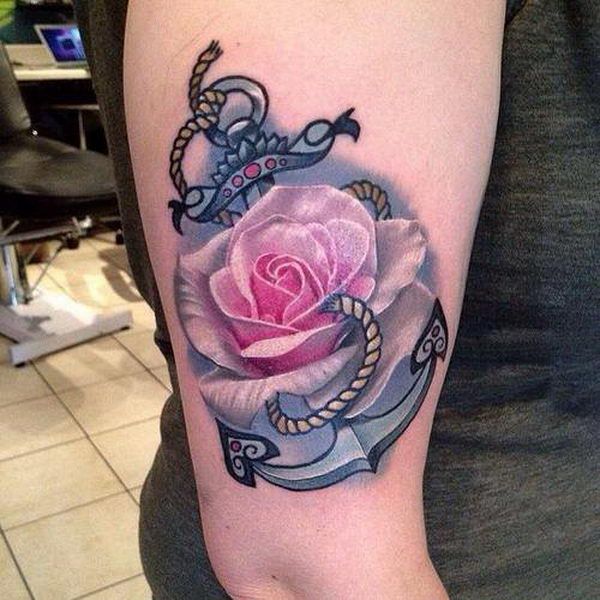 3D Realistic Anchor With Rose Tattoo On Women Right Half Sleeve