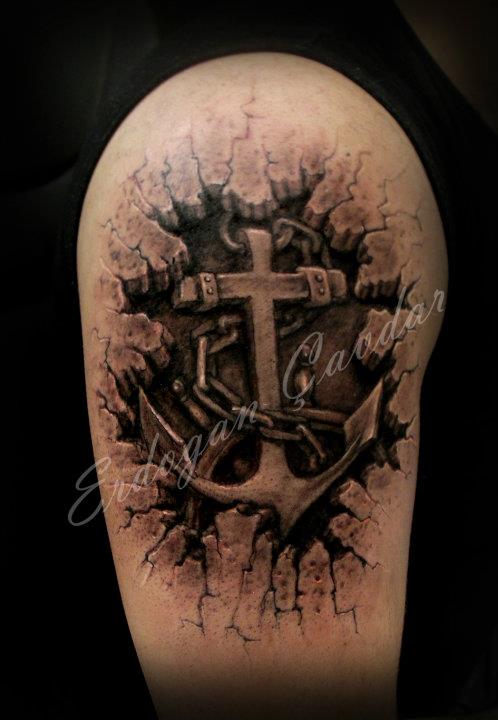3D Ripped Skin Anchor Cross Tattoo On Half Sleeve By ErdoganCavdar