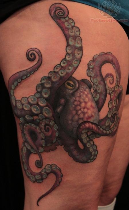 Amazing 3D Japanese Octopus Tattoo On Right Thigh By Gene Coffey
