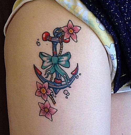 Amazing Anchor With Bow And Flowers Tattoo On Right Side Thigh