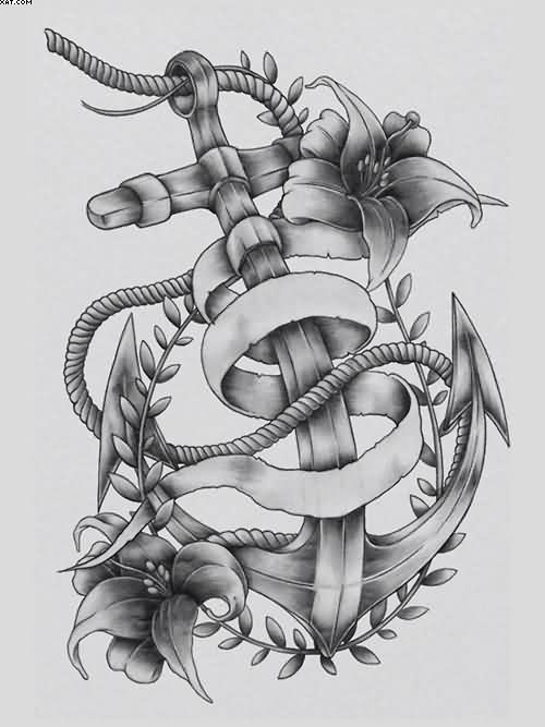 Amazing Anchor With Ribbon And Flowers Tattoo Design