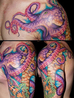 Amazing Colorful Octopus Tattoo On Man Left Shoulder