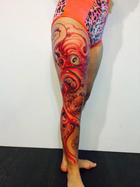Amazing Octopus Tattoo On Girl Right Full Leg By Corey Divine