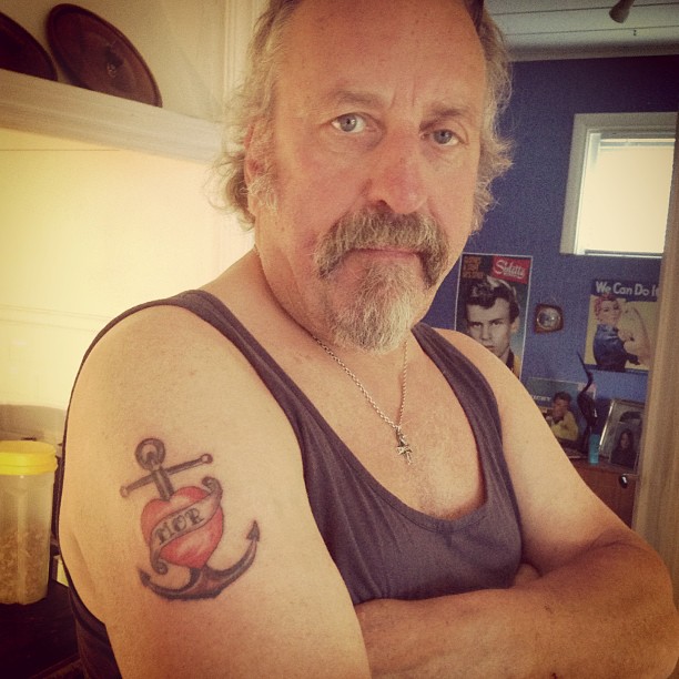 Anchor Cross With Heart And Banner Tattoo On Man Right Shoulder