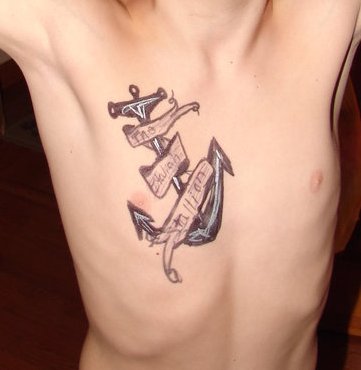 Anchor With Banner Tattoo On Man Right Chest