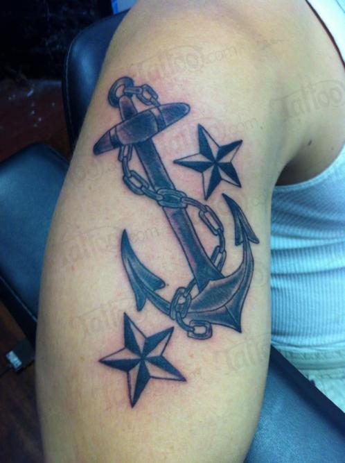 Anchor With Chain And Nautical Stars Tattoo On Right Half Sleeve
