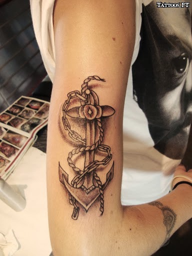 Anchor With Chain And Rope Tattoo On Right Half Sleeve