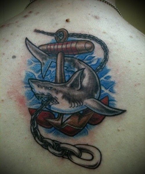 Anchor With Chain And Shark Tattoo On Upper Back